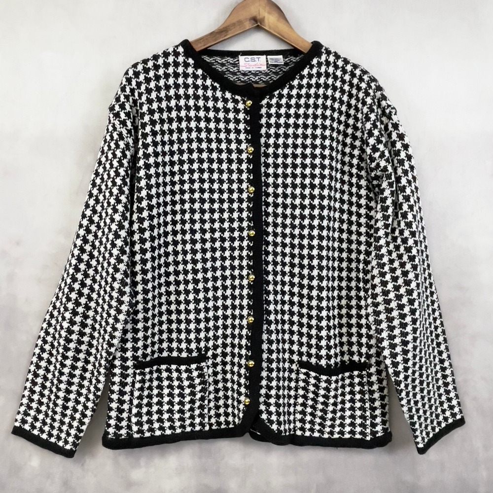 Vintage‎ 80s Womens Cardigan Sweater Size L Houndstooth CST Studio Old Money